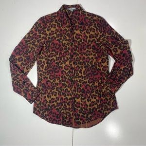 Go‎ Silk Red Tan Black Leopard/Cheetah Print 100% Silk Button Down Blouse S